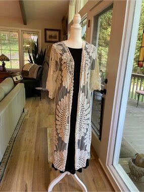 Rebellion Again Sheer Off-White Lace Embroidered with Flowers Long Kimono Duster